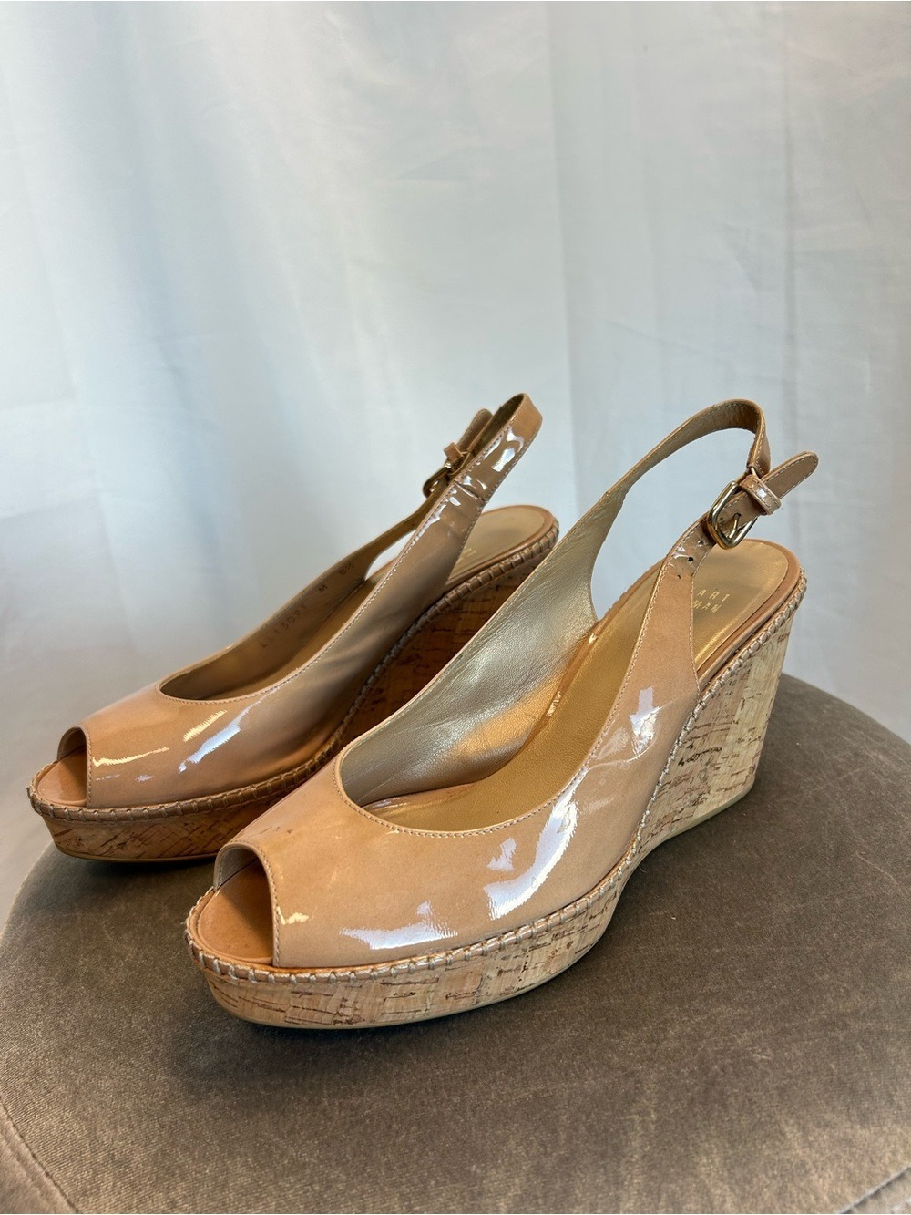 Stuart Weitzman beige jean Patent Peep-Toe Cork Wedge Slingbacks Nude 8.5